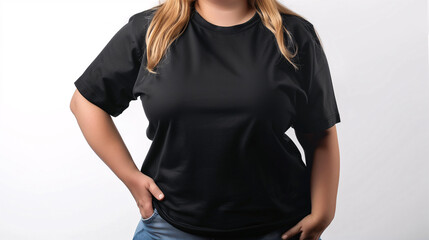 Wall Mural - Mockup of clothes worn by a model. Close up of full upper body part from hip to neck on plain background. A plus size woman wearing a basic black t-shirt on a plain white background.