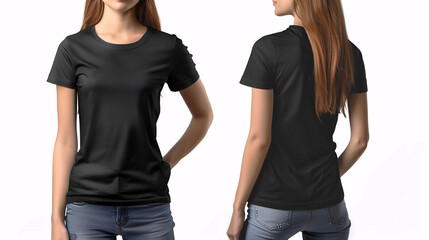 Canvas Print - Mockup of clothes worn by a model. Close up of full upper body part from hip to neck on plain background. A woman wearing a basic black t-shirt on a plain white background. Both front and back side.