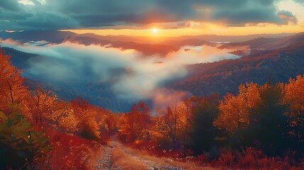 Poster - Beautiful view of great smoky mountains in autumn at sunrise. Generative AI.