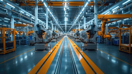 Poster - An expansive factory floor bustling with machinery, assembling automotive parts. The intricate dance of manual and automated processes under the bright industrial lights. Generative AI.