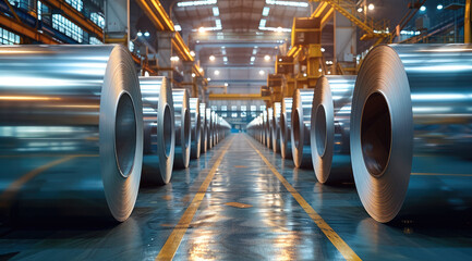 Poster - Clean Factory producing steel mill sheets - stored rolls. Generative AI.
