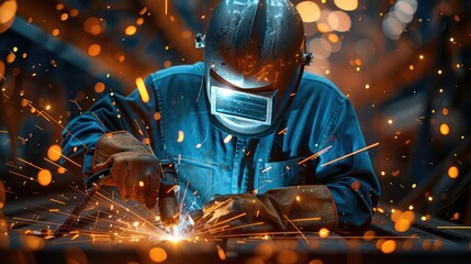 Poster - A welder at work during a night shift in a steel factory, intense blue and orange sparks flying. Generative AI.