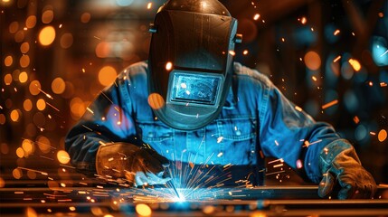 Poster - A welder at work during a night shift in a steel factory, intense blue and orange sparks flying. Generative AI.