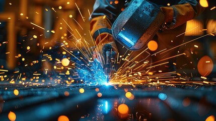 Poster - A welder at work during a night shift in a steel factory, intense blue and orange sparks flying. Generative AI.