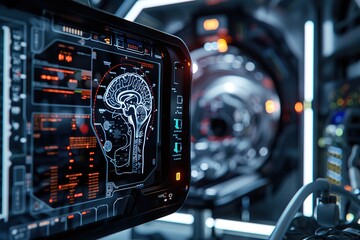 Poster - Advanced brain scan interface with highlighted areas indicating medical analysis.