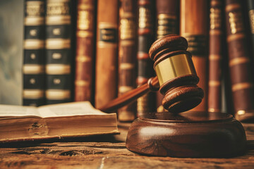 Wall Mural - Judges gavel and legal books on a wooden desk 