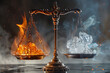 Justice scales with fiery and icy pans, law's balance, elemental mix