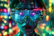 Futuristic Female Model Posing With Neon Visor Glasses at Night in a Cityscape