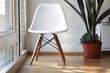 Modern White Chair With Wooden Legs Near a Sunny Window and Indoor Plants