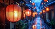 Paper lanterns in a narrow street, Gion Kyoto Japan at night