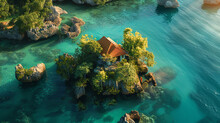A Cozy Island Cottage Nestled Amidst Emerald Foliage And Boulders, Overlooking Pristine Azure Waters