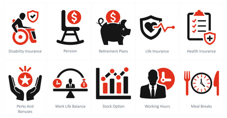 Sticker - A set of 10 employee benefits icons as disability insurance, pension, retirement plans