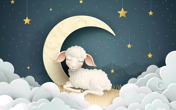 Eid Al-Fitr Mubarak. Greeting card with sacrificial lamb and crescent moon on cloudy night background.