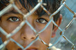 A close-up Mexican child standing behind chain link fence, possibly in refugee or migrant camp. The child appears restricted by barrier, symbolizing challenges faced in context of migration crisis