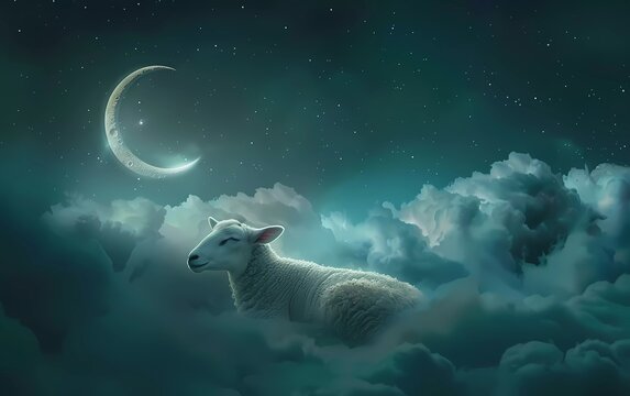 Eid Al-Fitr Mubarak. Greeting card with sacrificial lamb and crescent moon on cloudy night background.