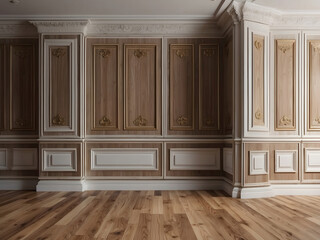 Wall Mural - Fragment of an interior made of classic wooden panels and laminate on the floor—classical wall moulding decoration in modern empty luxury home interior design.