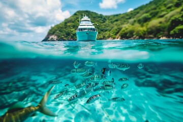 Wall Mural - a yacht in the sea against the background of an island with clear water so that you can see the fish