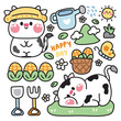 Set of cute cow in farm concept.Animal character cartoon design.Corn,butterfly,flower,mountain,sun hand drawn.Nature.Spring.Farmer.Kawaii.Vector.Illustration.