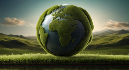 an earth globe model covered with green grass and moss with copyspace on isolated plain background,g