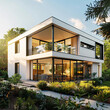  3d rendered Photo of the exterior of single-family home with a stylish design surrounded by garden made with generative AI
