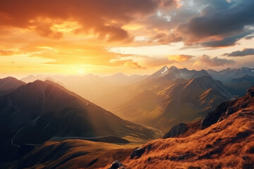 Sticker - Majestic Mountain Sunset with Golden Hues and Peaks