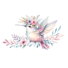 Wall Mural - Mythical Hummingbird with Pastel Floral Garland Illustration
