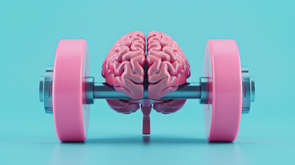 Human brain lifting weights. 3D brain lifting a heavy dumbbell. on pastel blue background 