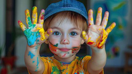 Afunny child boy shows hands dirty with paint