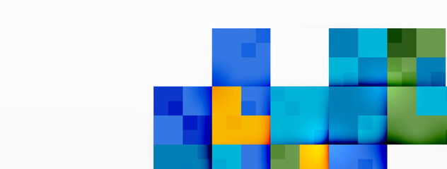 Poster - A vibrant display of colorfulness with blue and yellow rectangles on white background. The electric blue and magenta squares create a symmetrical pattern, resembling a modern art piece
