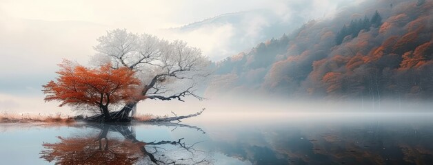 Poster - Serene Autumn Tree Reflecting in Calm Lake