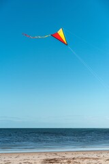 Wall Mural - A colorful kite soaring high in the clear blue sky, casting a playful shadow on the beach below