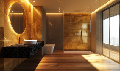 Wall Mural - 3d rendering, A bathroom interior with wall tiles in various shades of brown, The space includes natural wood flooring, creating a warm atmosphere
