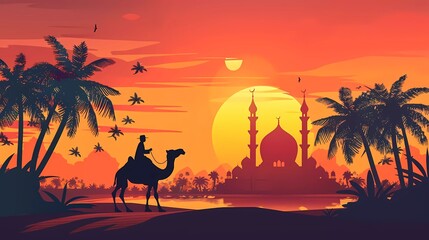 Canvas Print - Ramadan Kareem banner, vector illustration, for greeting card or banner design, arabic islamic icon, camel, tree, date palm, mosque, suitable for background