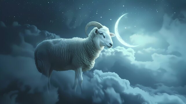 Eid Al-Fitr Mubarak. Greeting card with sacrificial lamb and crescent moon on cloudy night background.