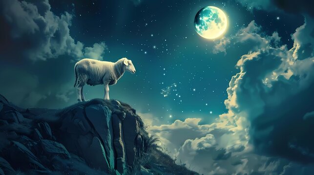 Eid Al-Fitr Mubarak. Greeting card with sacrificial lamb and crescent moon on cloudy night background.