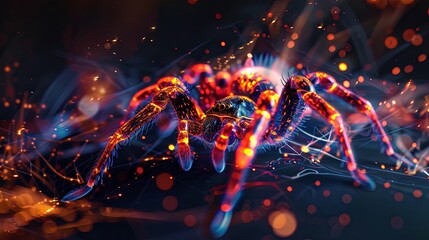 Mysterious glowing spider on a digital web