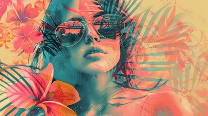 Sticker - Vibrant tropical fusion with fashionable woman in sunglasses