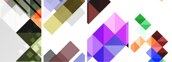 Poster - A creative arts piece featuring a collage of colorful triangles and rectangles in shades of purple, magenta, and violet on a white background, creating a symmetrical and vibrant floor art design