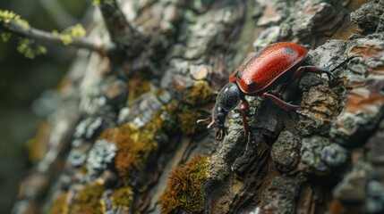 Poster - A beetle exploring the textured surface of a tree trunk, its movements adding life to the forest scenery