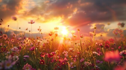 Poster - A breathtaking sunrise over a field of wildflowers, infusing the landscape with warmth and light