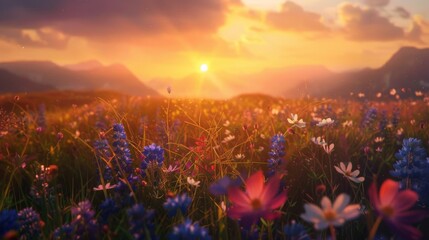 Poster - A breathtaking sunrise over a field of wildflowers, infusing the landscape with warmth and light
