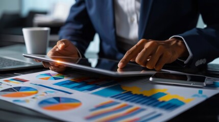 Aufkleber - A businessman analyzing a business graph on a digital tablet, studying trends and making strategic decisions for growth and success.