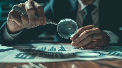 Aufkleber - A businessman analyzing a business graph printout with a magnifying glass, focusing on specific data points and trends.