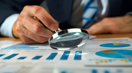 Leinwandbilder - A businessman analyzing a business graph printout with a magnifying glass, focusing on specific data points and trends.