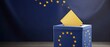 Man putting ballot in a box during elections in europe in front of flag. Animated illustration of european union voting concept.