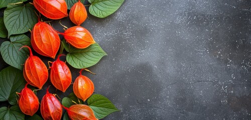 Wall Mural - Orange physalis flowers and green leaves on a grey textured background.