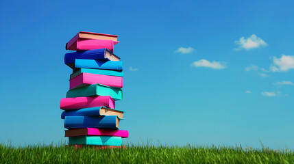 Wall Mural - A stack of books with a blue book on the bottom, a pink book on the second from the bottom, and a yellow book on the third from the bottom. The books are piled on top of each other in a grassy field