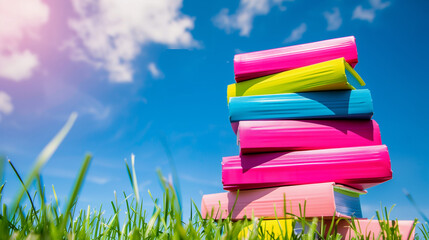 Wall Mural - A stack of books with a blue book on the bottom, a pink book on the second from the bottom, and a yellow book on the third from the bottom. The books are piled on top of each other in a grassy field
