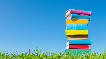 Wall Mural - A stack of books with a blue book on the bottom, a pink book on the second from the bottom, and a yellow book on the third from the bottom. The books are piled on top of each other in a grassy field