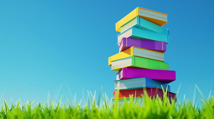 Wall Mural - A stack of books with a blue book on the bottom, a pink book on the second from the bottom, and a yellow book on the third from the bottom. The books are piled on top of each other in a grassy field